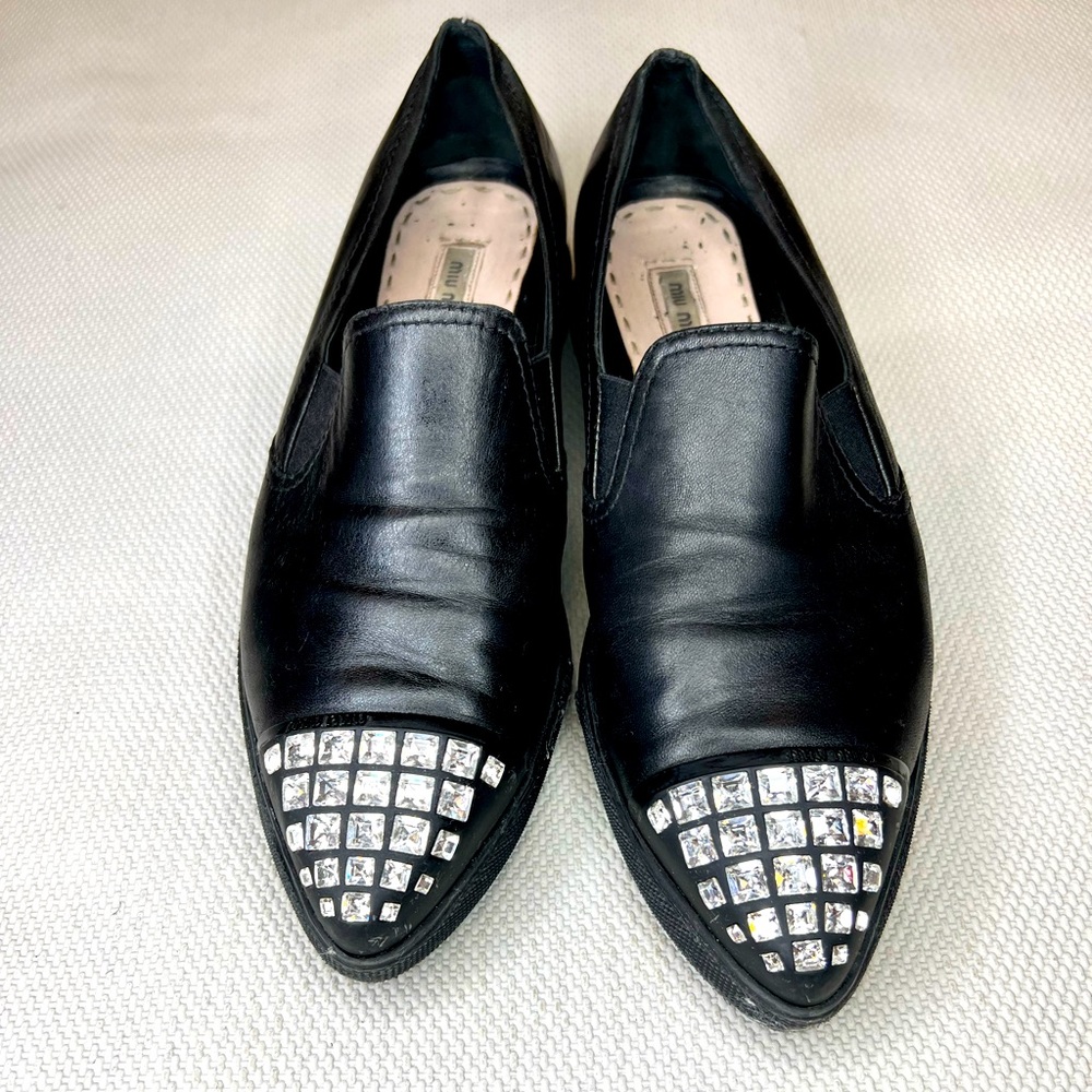 Miu Miu Black Leather Loafer Snickers With Diamond Tips